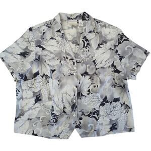 Alfred Dunner White Gray Black Leaf Pattern Light Crepe Short Slve Womens Sz 24W